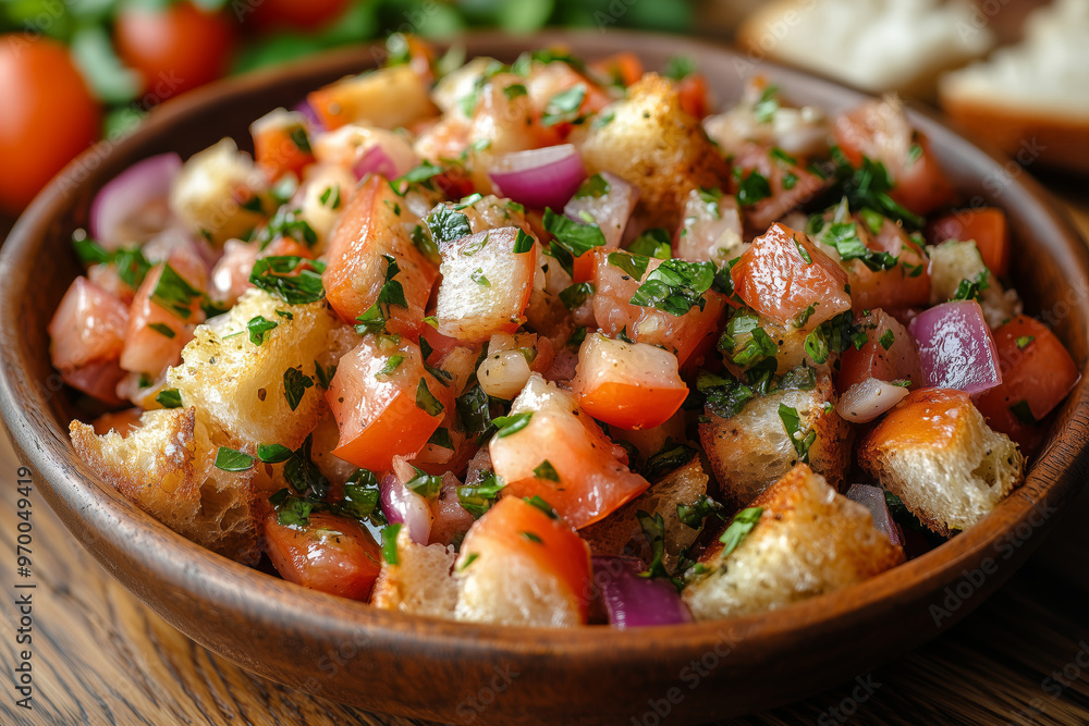 A vibrant panzanella salad featuring fresh herbs and colorful vegetables served in a rustic wooden bowl A vibrant panzanella salad featuring fresh herbs and colorful vegetables served in a rustic wooden bowl