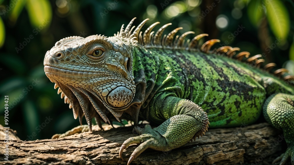 Majestic iguana resting on a branch with vibrant green foliage in a lush environment Majestic iguana resting on a branch with vibrant green foliage in a lush environment