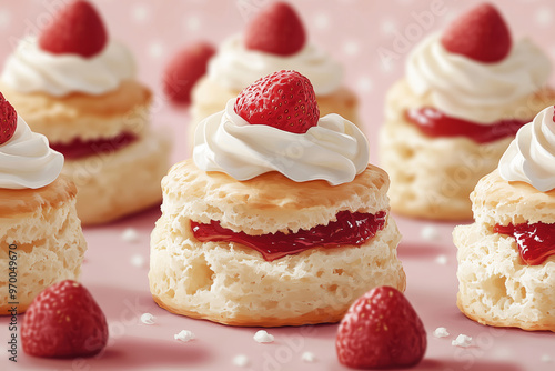 Deliciously fresh scones topped with whipped cream and strawberries for a delightful British afternoon treat