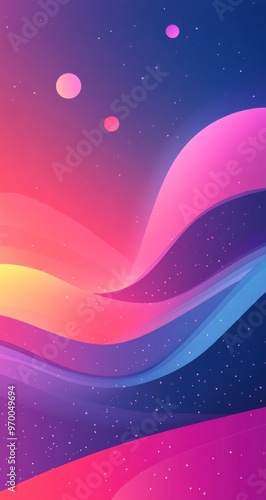 Vibrant abstract background with swirling light blue and purple gradients and floating orbs against a cosmic night sky