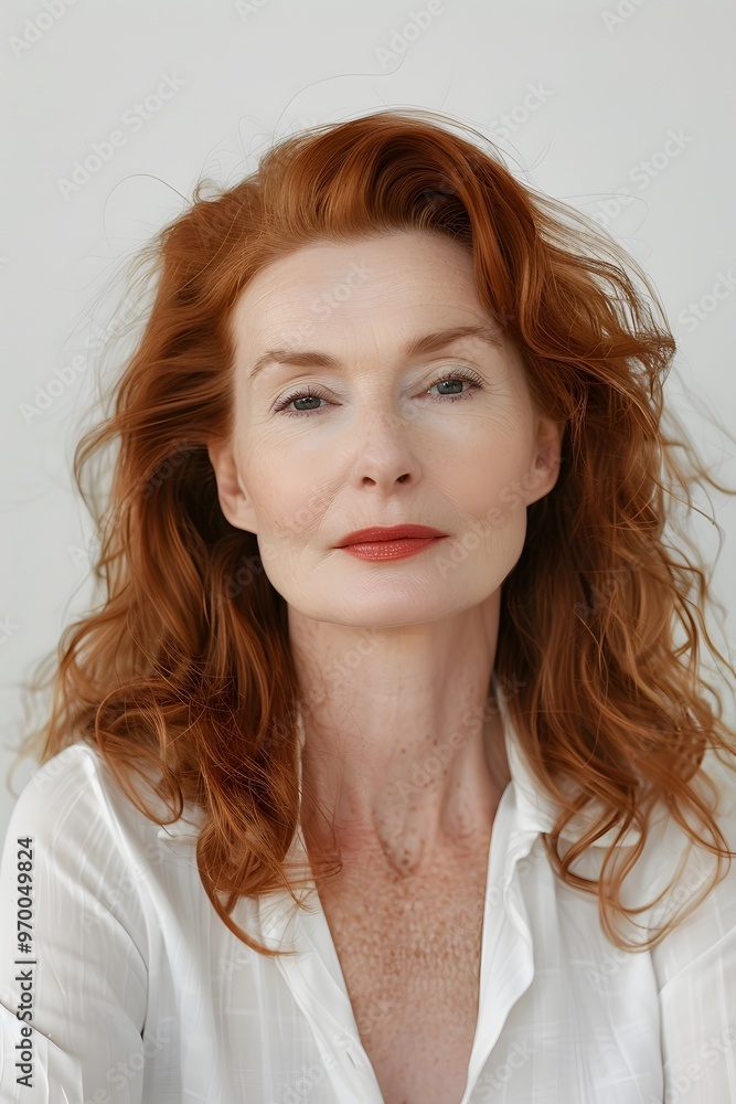 White caucasian mature woman portrait with red hair on white background White caucasian mature woman portrait with red hair on white background