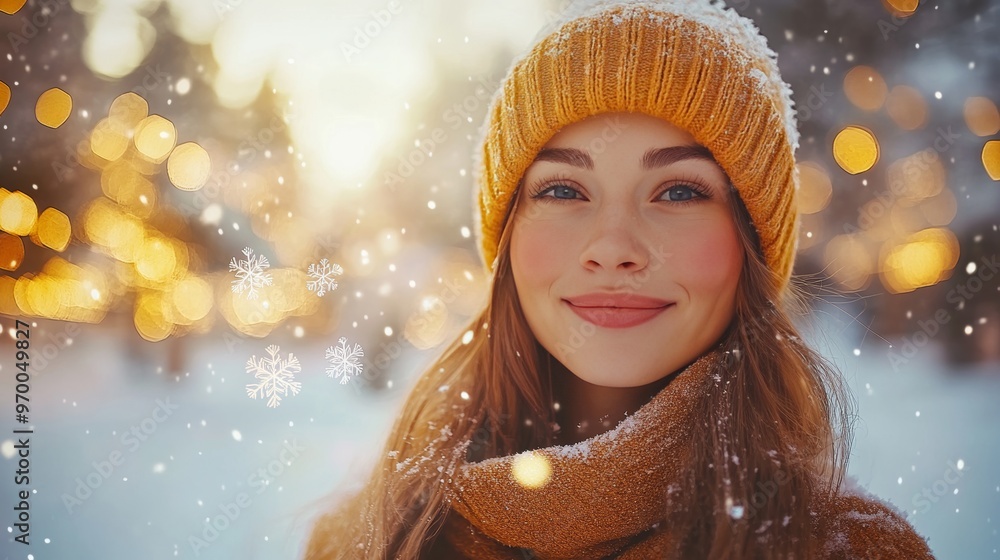 Winter Wonderland Magic Portrait of a Smiling Woman Against a Snowy Christmas Lights Background Winter Wonderland Magic Portrait of a Smiling Woman Against a Snowy Christmas Lights Background