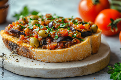 A vibrant Sicilian caponata with eggplant, tomatoes, and olives served on toasted bread, perfect for a sunlit summer day photo