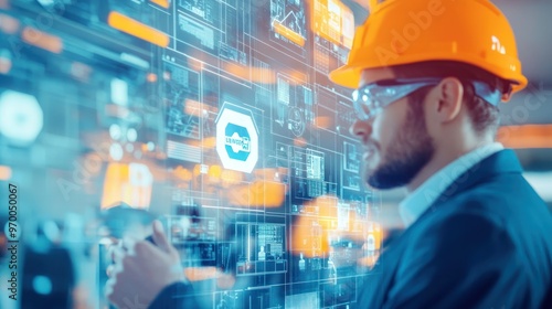 Man in Hard Hat Interacting with a Futuristic Digital Interface