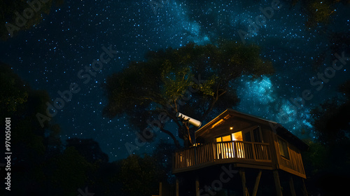 Wallpaper Mural A treehouse with a telescope on the deck offering a clear view of the starry night sky. Torontodigital.ca