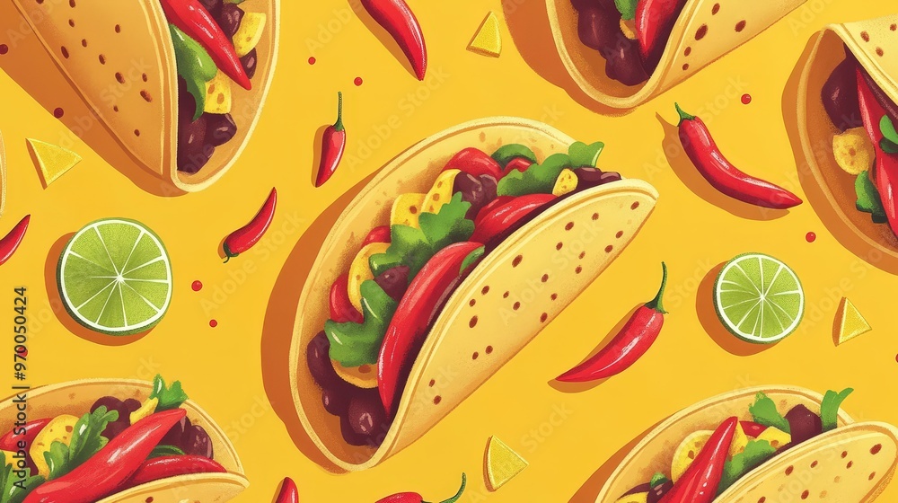 Quirky tacos with chilies and lime on vibrant background design for cards and posters. Quirky tacos with chilies and lime on vibrant background design for cards and posters.