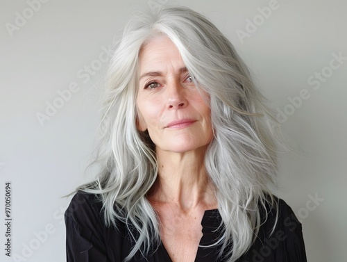 White caucasian mature woman portrait with silver hair