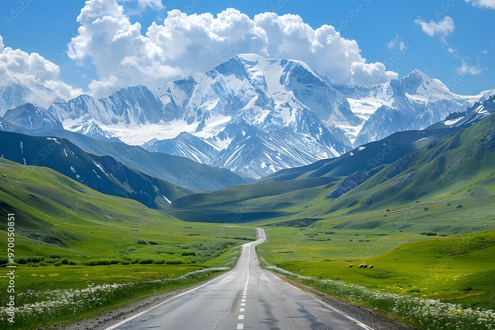 Scenic Mountain Road Surrounded by Lush Greenery and Majestic Peaks Scenic Mountain Road Surrounded by Lush Greenery and Majestic Peaks