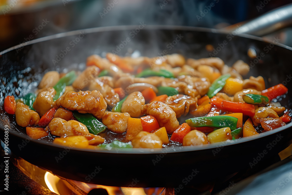 Wok cooking vibrant Asian stir-fry filled with colorful vegetables and tender chicken in a bustling kitchen setting Wok cooking vibrant Asian stir-fry filled with colorful vegetables and tender chicken in a bustling kitchen setting