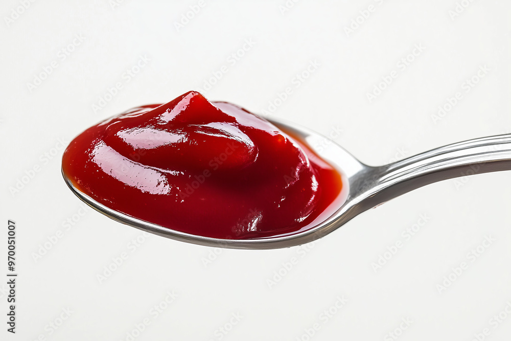 Close up detail spoon with ketchup sauce against bright white background, kitchen and food ad commercial concept. Close up detail spoon with ketchup sauce against bright white background, kitchen and food ad commercial concept.