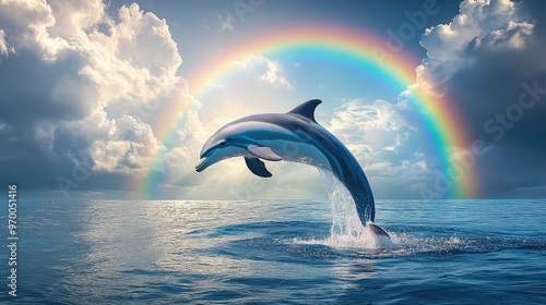 A Stunning Image Captures a Playful Dolphin Leaping from the Water Beneath a Vibrant Rainbow in the Sky, with Tranquil Clouds Above Creating a Serene and Magical Scene