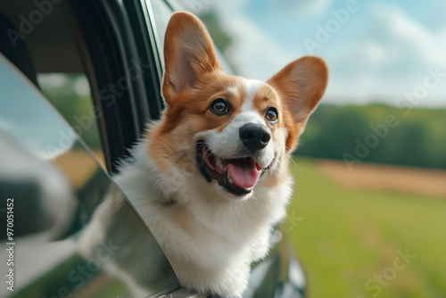 Happy puppy corgi with white and red fur look out the window of car. The background features green grass and trees. For posters and blogs