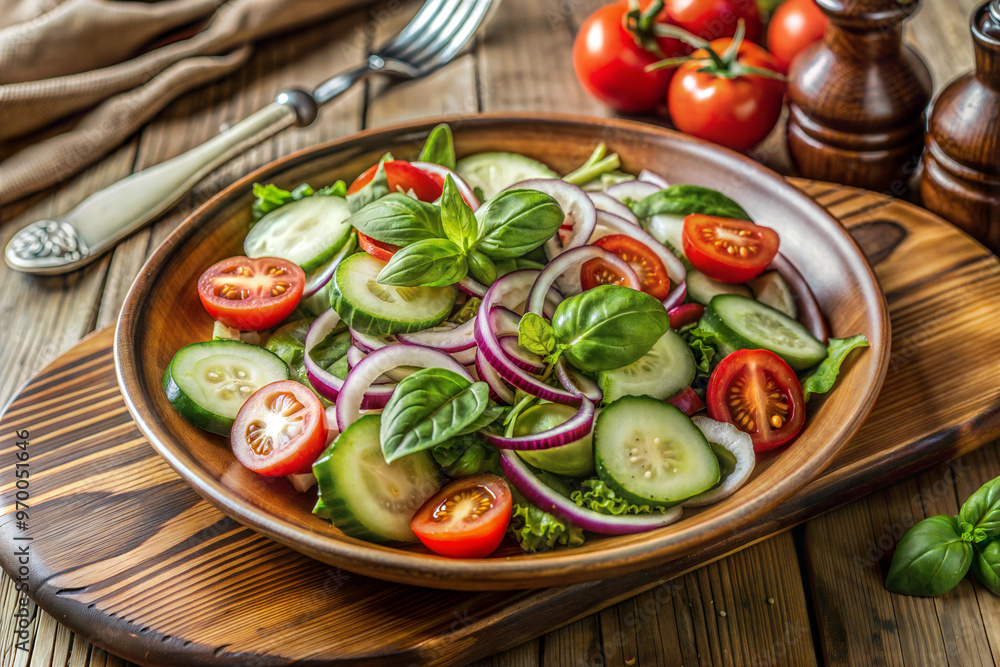 Fresh Cucumber, Tomato, and Red Onion Salad with Basil on Wooden Plate Fresh Cucumber, Tomato, and Red Onion Salad with Basil on Wooden Plate