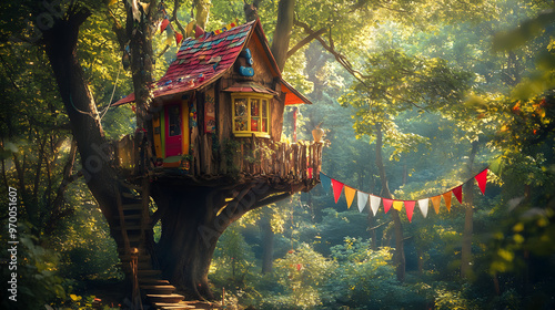 Photos A whimsical treehouse with colorful flags and banners hanging from the branches set in a vibrant enchanted forest
