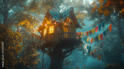 A whimsical treehouse with colorful flags and banners hanging from the branches set in a vibrant enchanted forest. photo