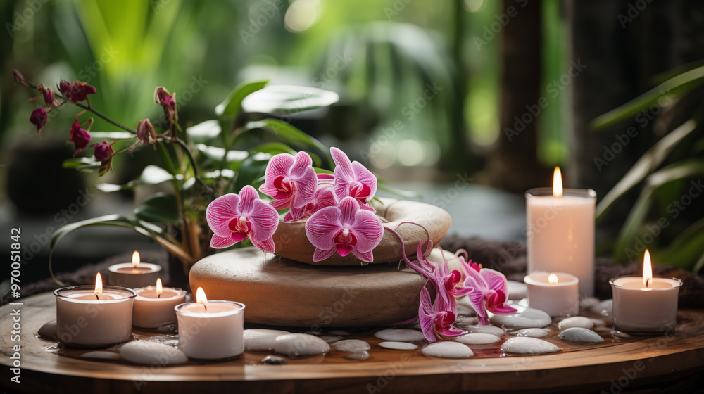 Spa Setting with Pink Orchids, Candles, and Smooth Stones for Relaxation Spa Setting with Pink Orchids, Candles, and Smooth Stones for Relaxation