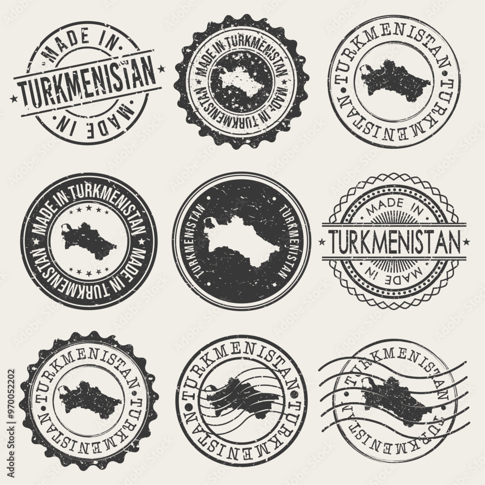 Turkmenistan Set of Stamps. Travel Stamp. Made In Product. Design Seals Old Style Insignia. Turkmenistan Set of Stamps. Travel Stamp. Made In Product. Design Seals Old Style Insignia.