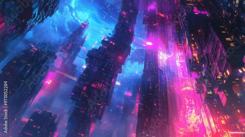 Surreal futuristic cityscape with vibrant neon skyscrapers at night.