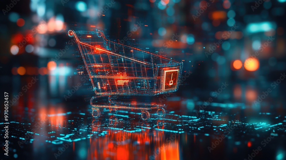 Abstract digital data flowing into a glowing shopping cart icon, sleek futuristic Cyber Monday style Abstract digital data flowing into a glowing shopping cart icon, sleek futuristic Cyber Monday style