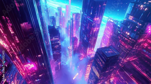 Surreal futuristic cityscape with vibrant neon colors and modern architecture.