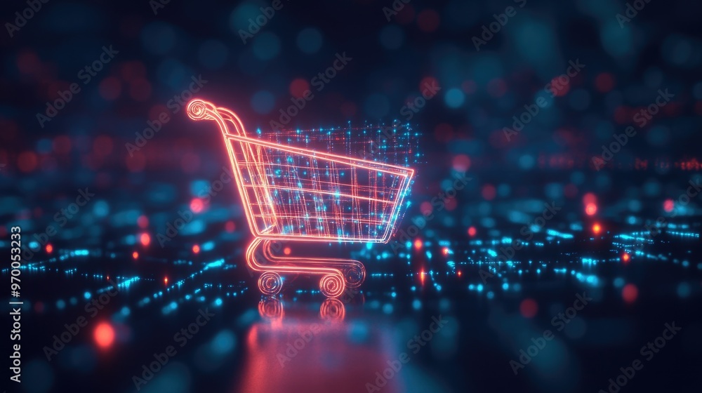 Abstract digital data flowing into a glowing shopping cart icon, sleek futuristic Cyber Monday style Abstract digital data flowing into a glowing shopping cart icon, sleek futuristic Cyber Monday style