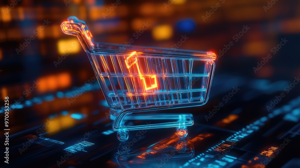 Abstract digital data flowing into a glowing shopping cart icon, sleek futuristic Cyber Monday style Abstract digital data flowing into a glowing shopping cart icon, sleek futuristic Cyber Monday style