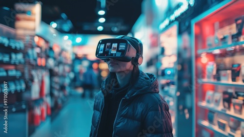Wallpaper Mural Person wearing VR headset with holographic products for Cyber Monday shopping experience Torontodigital.ca