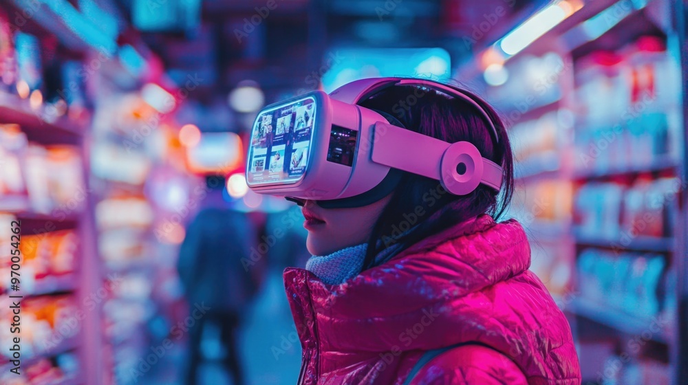 Person wearing VR headset with holographic products for Cyber Monday shopping experience Person wearing VR headset with holographic products for Cyber Monday shopping experience