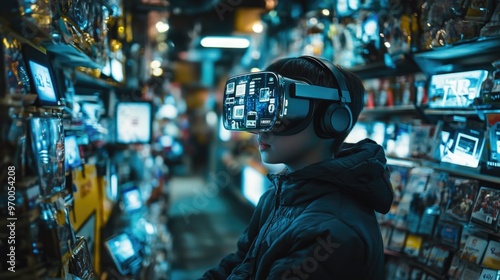 Person wearing VR headset with holographic products for Cyber Monday shopping experience