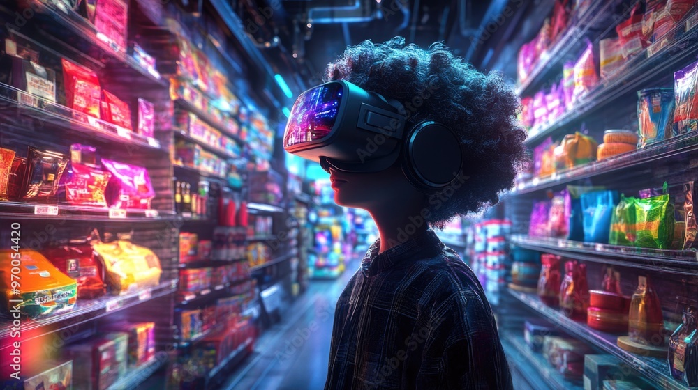 Person wearing VR headset with holographic products for Cyber Monday shopping experience Person wearing VR headset with holographic products for Cyber Monday shopping experience