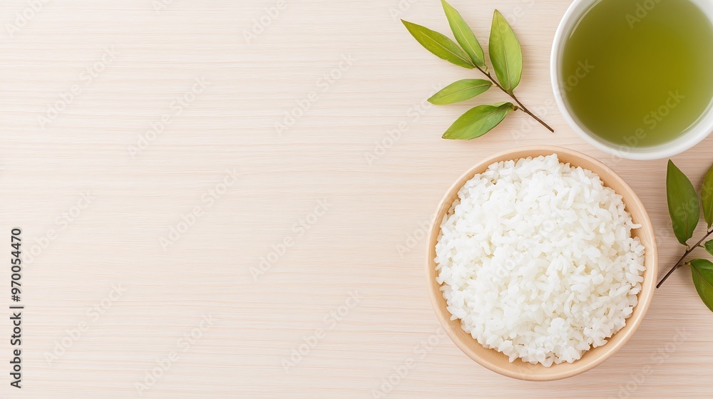 Bowl of Steamed White Rice with Green Tea on Wooden Background. Perfect for Food Blogs, Asian Cuisine-Themed Marketing Materials, and Backgrounds with Ample Copyspace for Text.
Bowl of Steamed White Rice with Green Tea on Wooden Background. Perfect for Food Blogs, Asian Cuisine-Themed Marketing Materials, and Backgrounds with Ample Copyspace for Text.