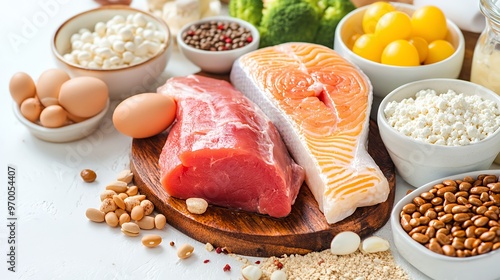 Raw meat, fish, eggs, beans, and dairy products on a white background.