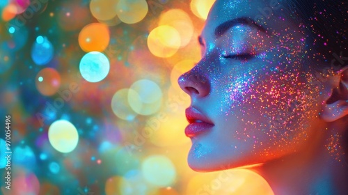 Woman's Face Covered in Iridescent Glitter Against a Bokeh Background