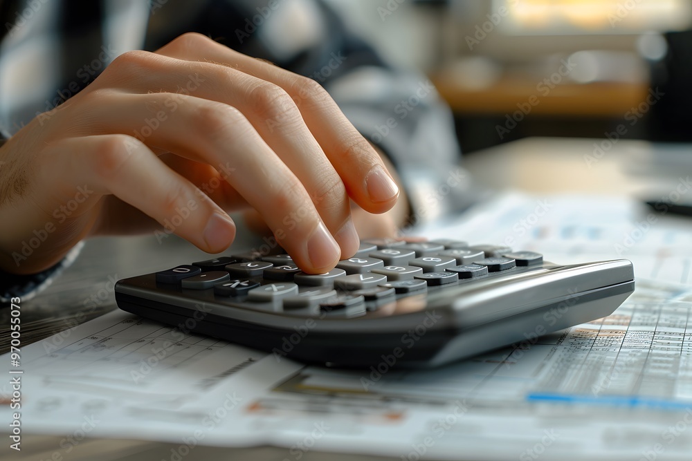 Focused Calculation: A Close-Up of Hands Using a Calculator Amidst Financial Documents Focused Calculation: A Close-Up of Hands Using a Calculator Amidst Financial Documents