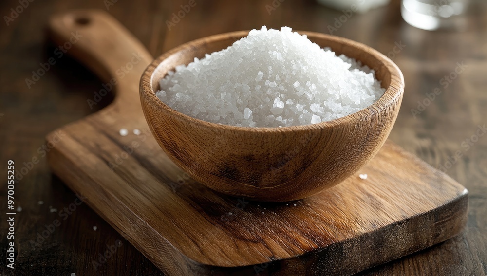 White sea salt crystals in wooden bowl on wooden cutting board. White sea salt crystals in wooden bowl on wooden cutting board.