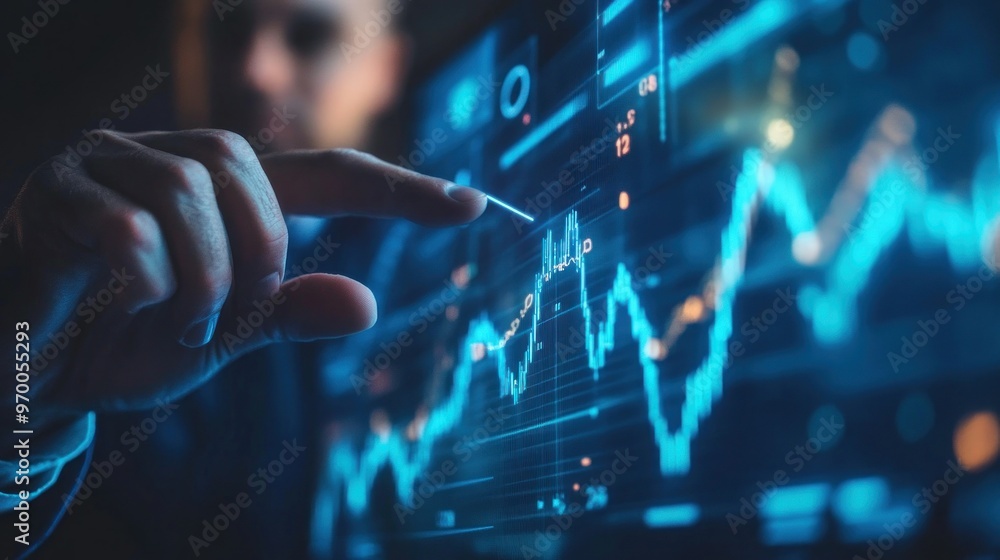 Hand Interacting with Stock Market Data on a Screen Hand Interacting with Stock Market Data on a Screen