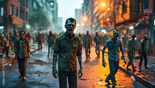 Gloomy urban landscape overrun by a relentless horde of zombies marching down a deserted city street