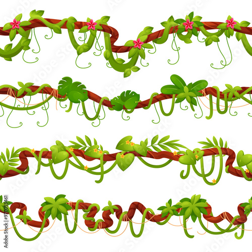Jungle lianas borders. Seamless curved branches with tropical leaves and flowers, exotic creepers, rainforest greenery climbing plants, cartoon flat style isolated botanical vector set