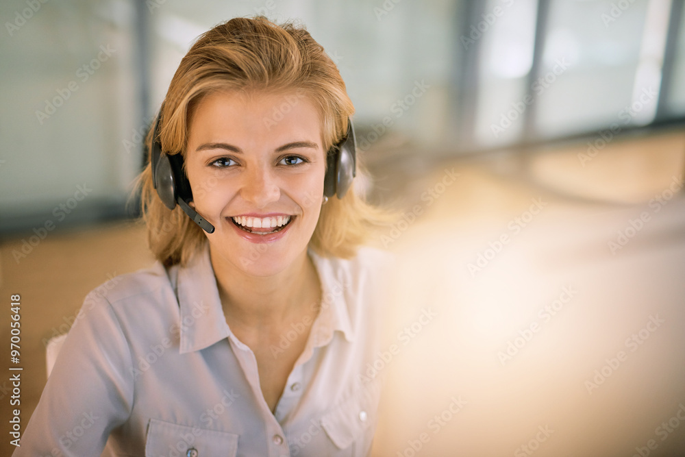 Call center, computer and portrait of consultant woman in office for advice, help or lead generation. Face, headset and smile of happy employee in customer service workplace for contact or support Call center, computer and portrait of consultant woman in office for advice, help or lead generation. Face, headset and smile of happy employee in customer service workplace for contact or support