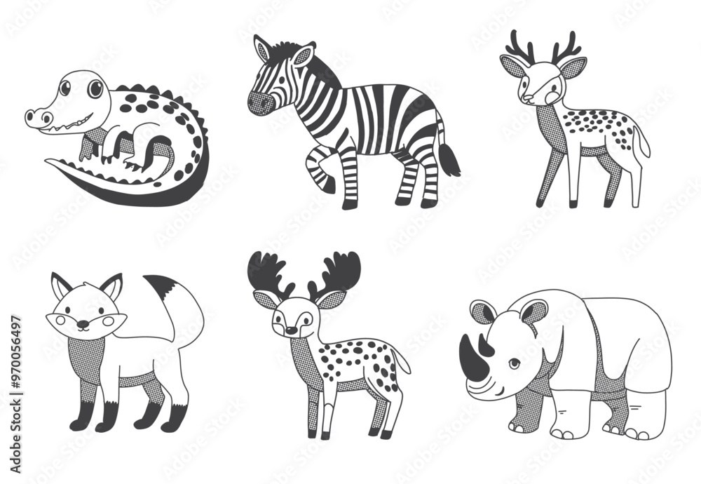 Naklejka premium Cute animals half tone vector drawing, crocodile, Dear, Moose, Zebbra, Rino and Fox