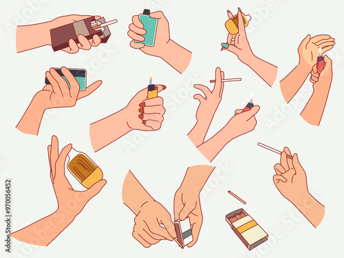 Hands hold cigarettes. Male and female arms with lighters, matches and vapes, lighting fire, smoking people, bad habit, tobacco, electronic accessory cartoon flat isolated vector set