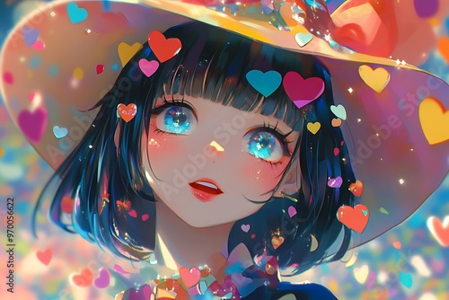 Cute Anime Girl with Blue Eyes and Heart Shaped Confetti