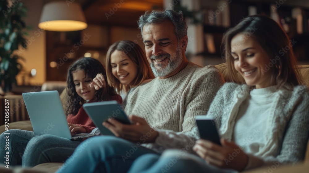 Family browsing Cyber Monday deals on laptops and phones, cozy home setting, cheerful mood Family browsing Cyber Monday deals on laptops and phones, cozy home setting, cheerful mood
