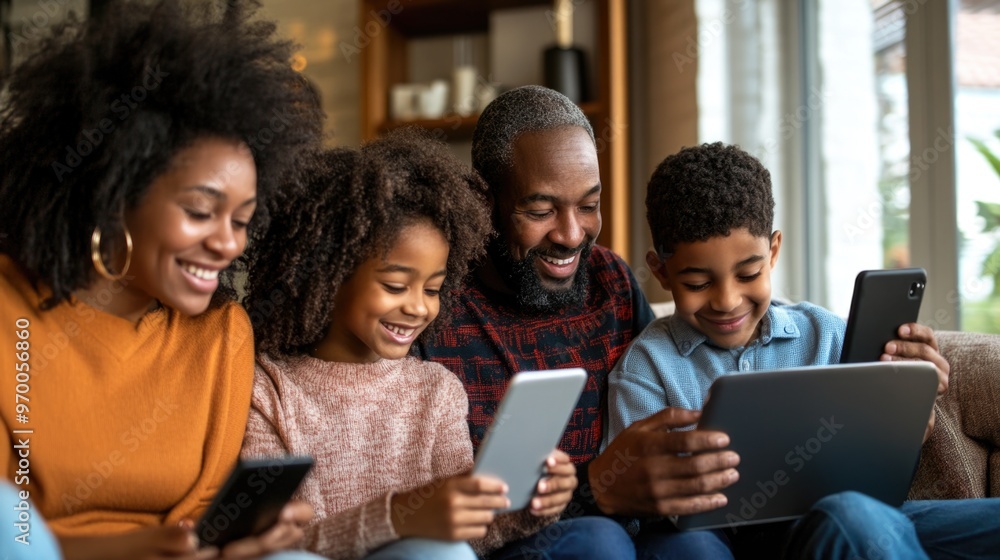 Family browsing Cyber Monday deals on laptops and phones, cozy home setting, cheerful mood Family browsing Cyber Monday deals on laptops and phones, cozy home setting, cheerful mood