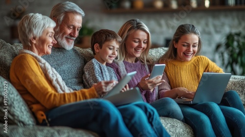 Family browsing Cyber Monday deals on laptops and phones, cozy home setting, cheerful mood
