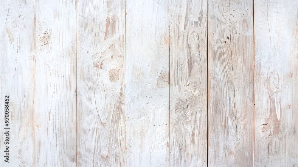 Naklejka premium Rustic whitewashed wooden plank texture with grain and natural imperfections. Ideal for banners, website backgrounds, and product displays. Minimalist style with ample copy space for text and branding