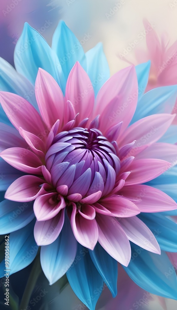 Fototapeta premium Closeup of a lush vibrant blue and pink dahlia floWER