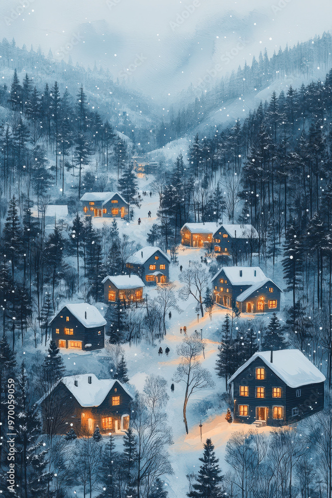 Watercolor beautiful winter village pattern, faded soft blue color. Watercolor beautiful winter village pattern, faded soft blue color.