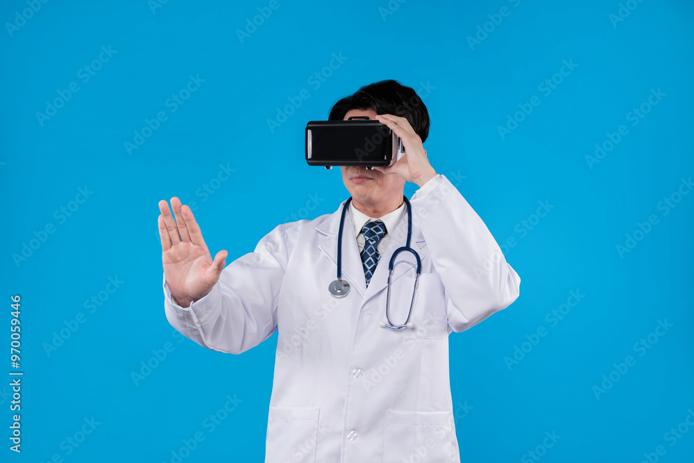 Doctor with stethoscope using VR headset pointing selection 3D hologram healthcare application against blue background with medical technology innovation poster banner materials design. Contrivance. Doctor with stethoscope using VR headset pointing selection 3D hologram healthcare application against blue background with medical technology innovation poster banner materials design. Contrivance.