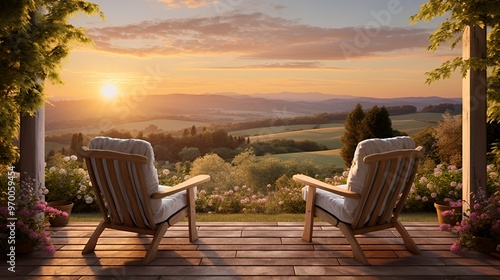 Two chairs on a wooden porch overlooking a scenic sunset valley.